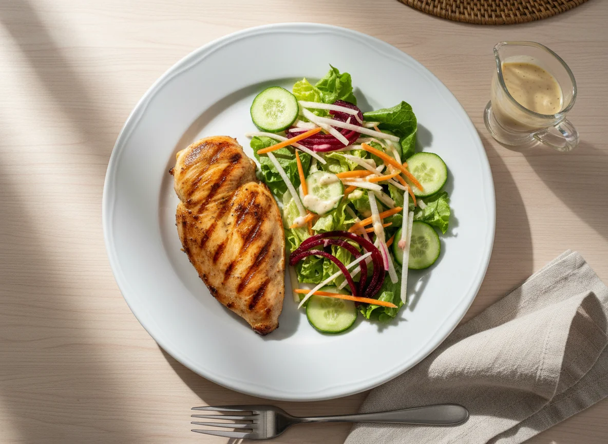 Pechuga de pollo a la plancha con ensalada de vegetales photo