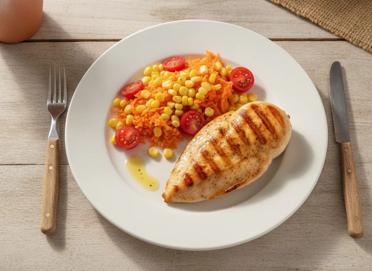 Pechuga de pollo a la plancha con ensalada de zanahoria, tomate y choclo photo