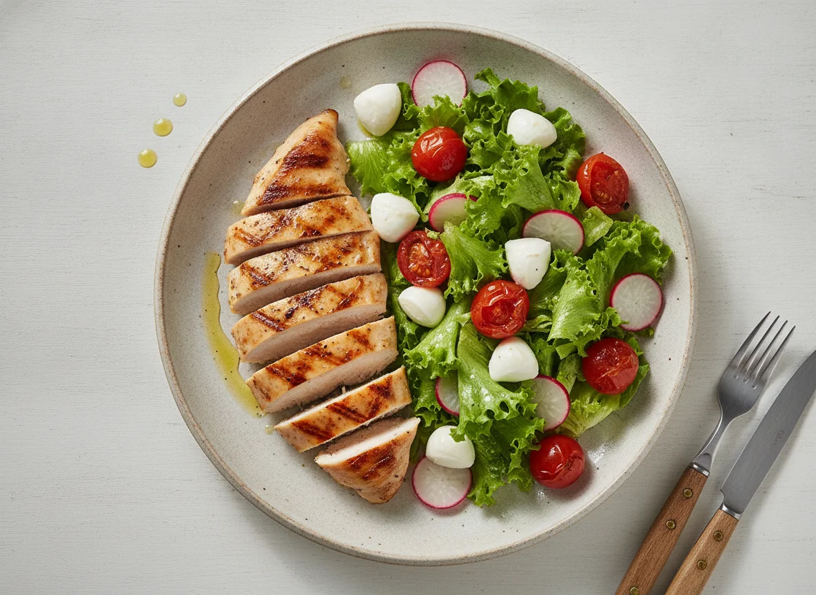 Pechuga de pollo a la plancha con ensalada fresca y mozzarella photo