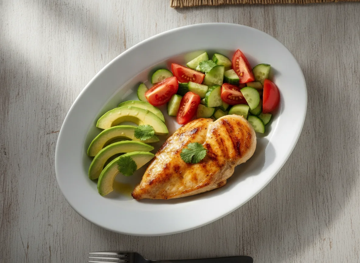 Pechuga de pollo a la plancha con ensalada mixta y aguacate photo