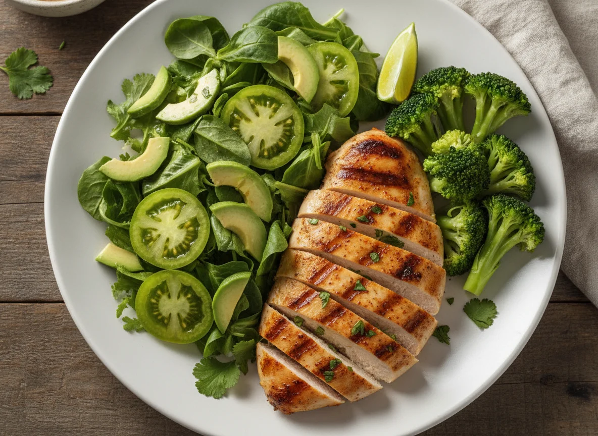Pechuga de pollo a la plancha con ensalada mixta y brócoli photo