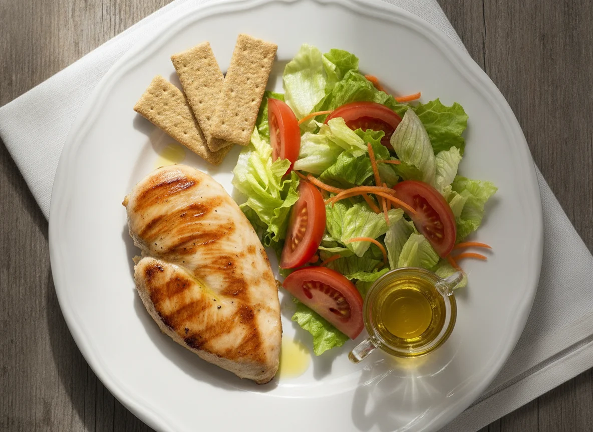 Pechuga de pollo a la plancha con ensalada mixta y galletas saladas photo