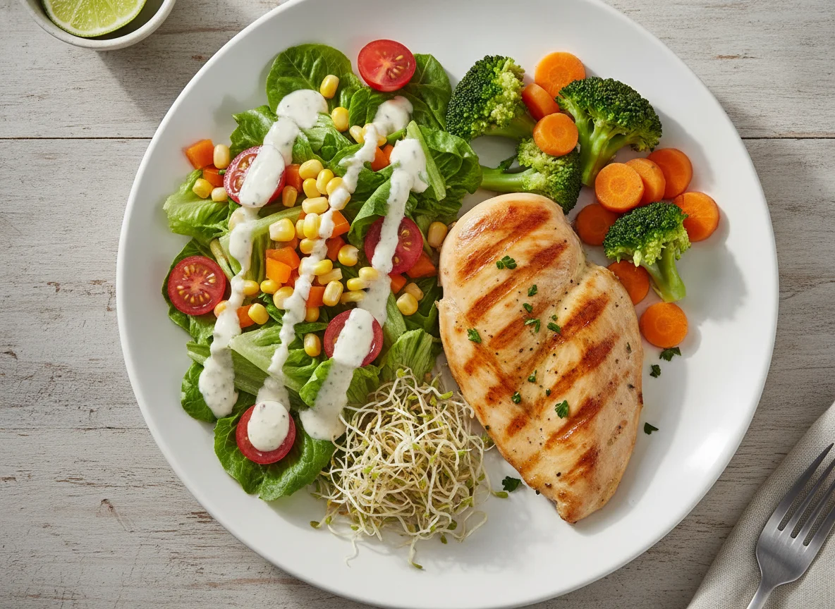Pechuga de pollo a la plancha con ensalada mixta y verduras al vapor photo