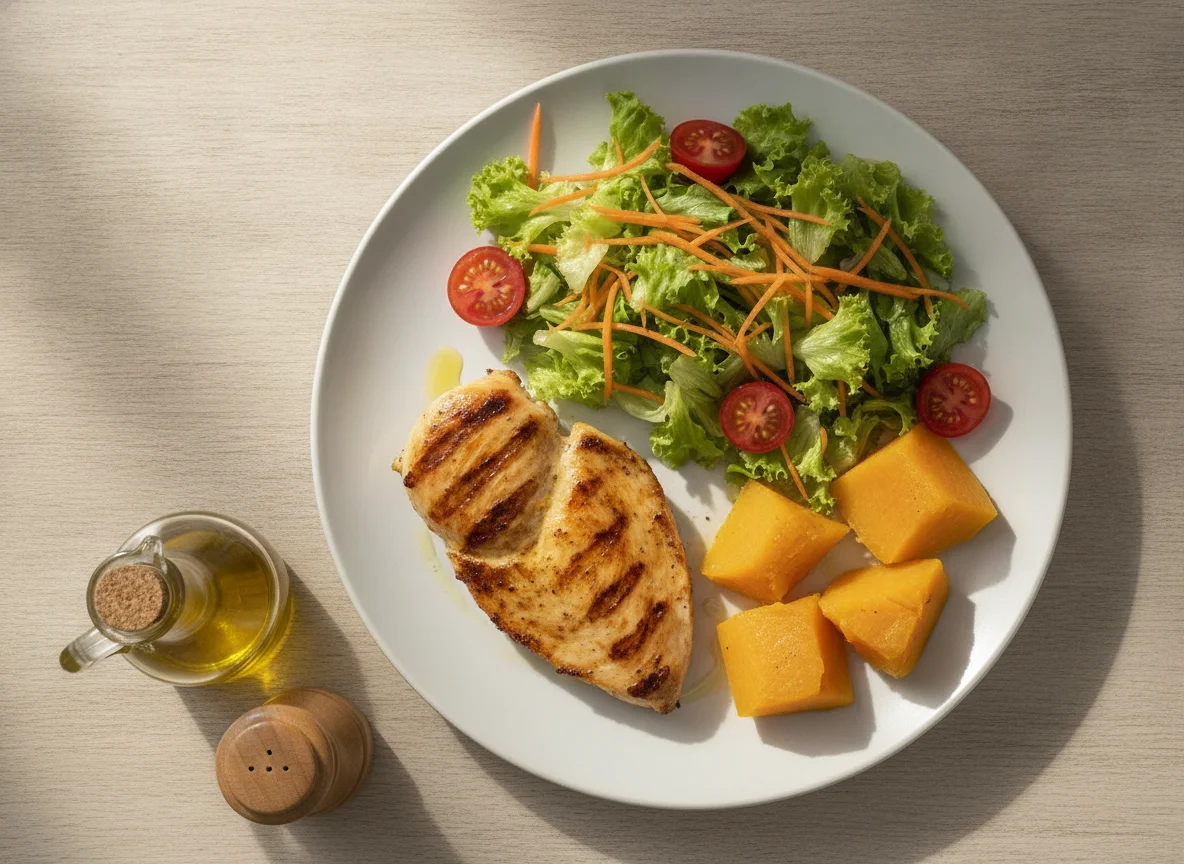 Pechuga de pollo a la plancha con ensalada mixta y zapallo photo
