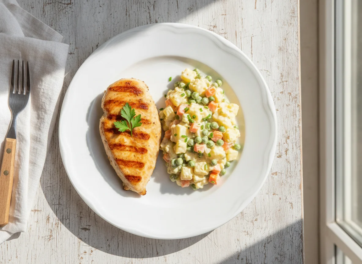 Pechuga de pollo a la plancha con ensalada rusa photo