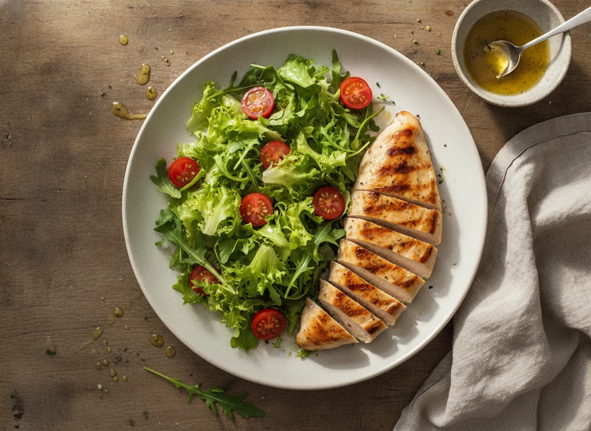 Pechuga de pollo a la plancha con ensalada verde photo