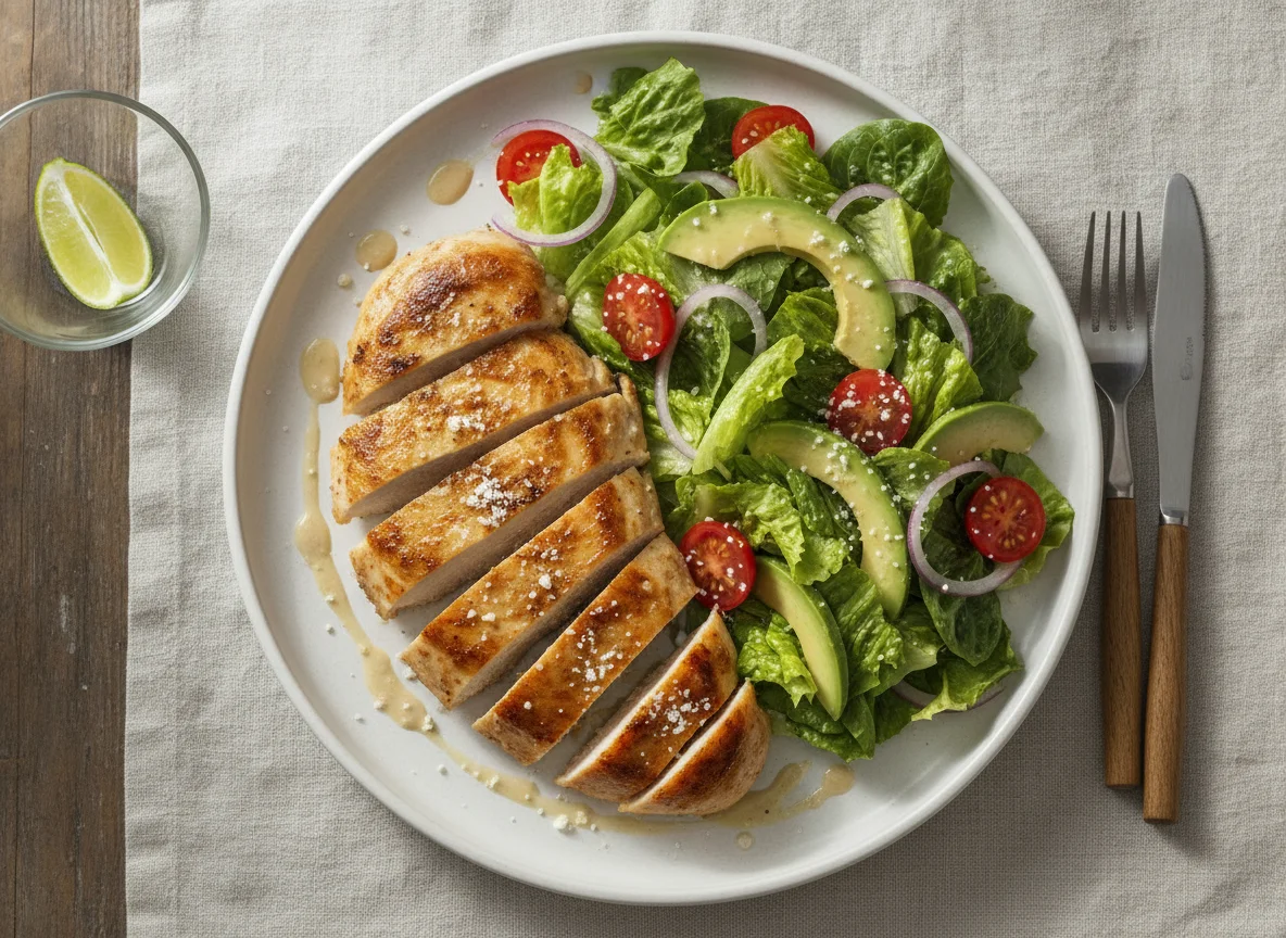 Pechuga de pollo a la plancha con ensalada verde y aguacate photo