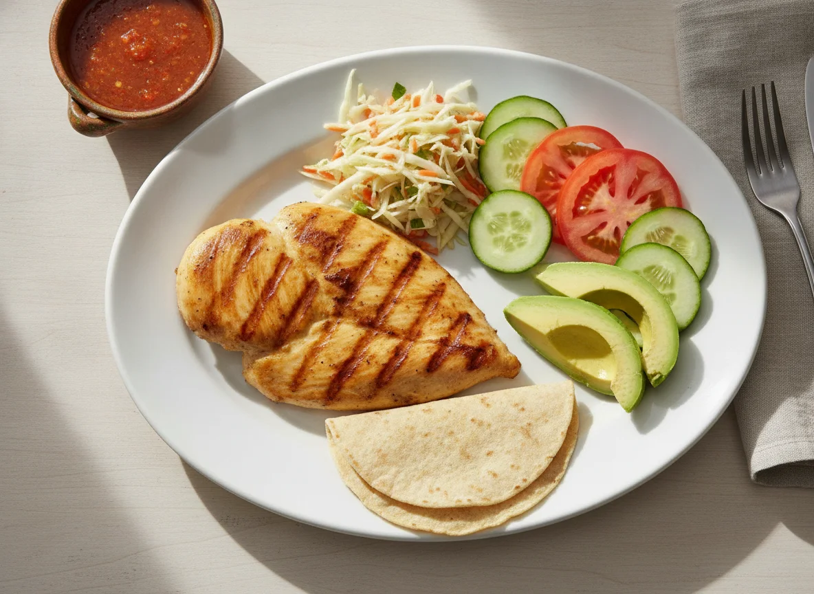 Pechuga de pollo a la plancha con ensalada y aguacate photo