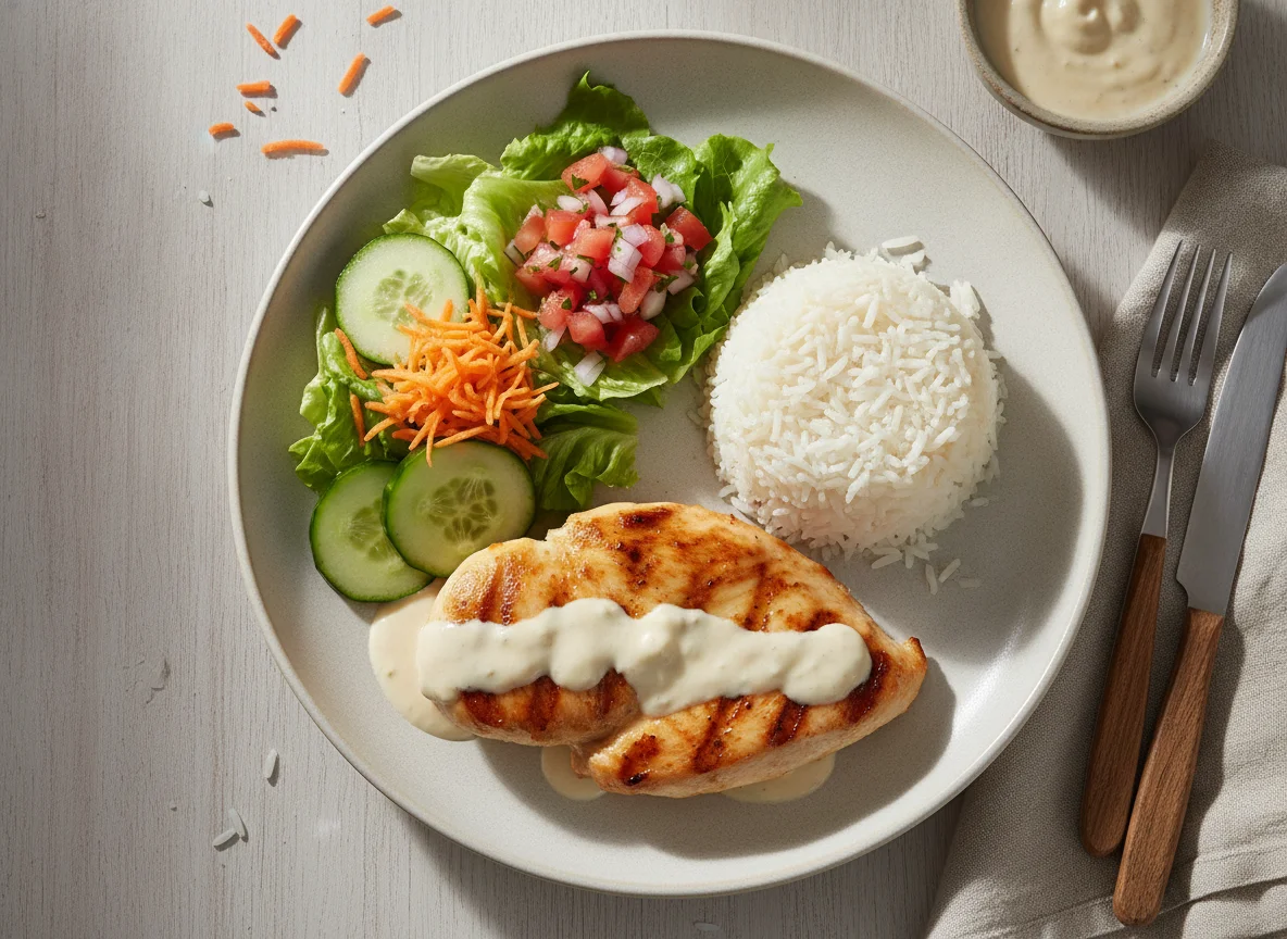 Pechuga de pollo a la plancha con ensalada y arroz photo