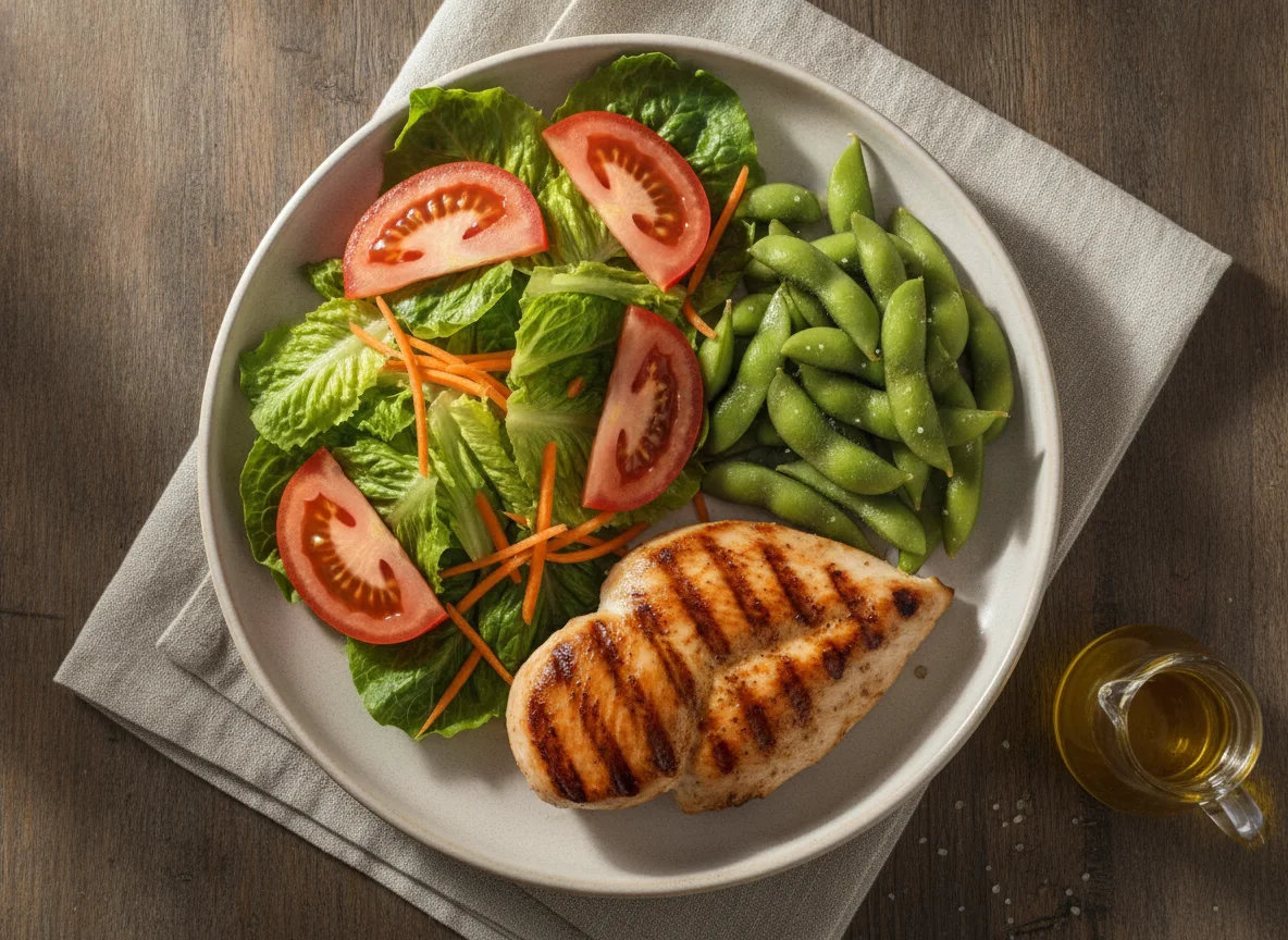 Pechuga de pollo a la plancha con ensalada y edamames photo