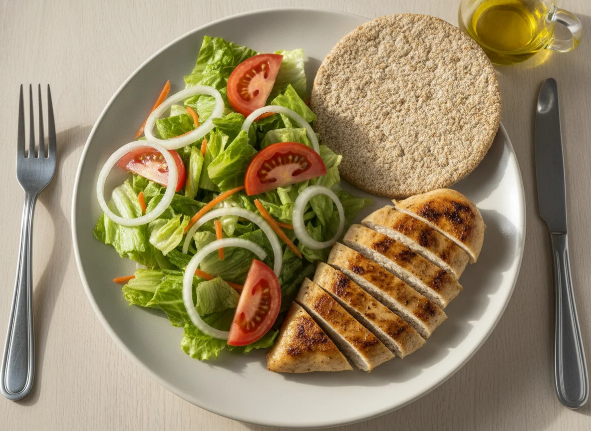 Pechuga de pollo a la plancha con ensalada y galleta de salvado photo