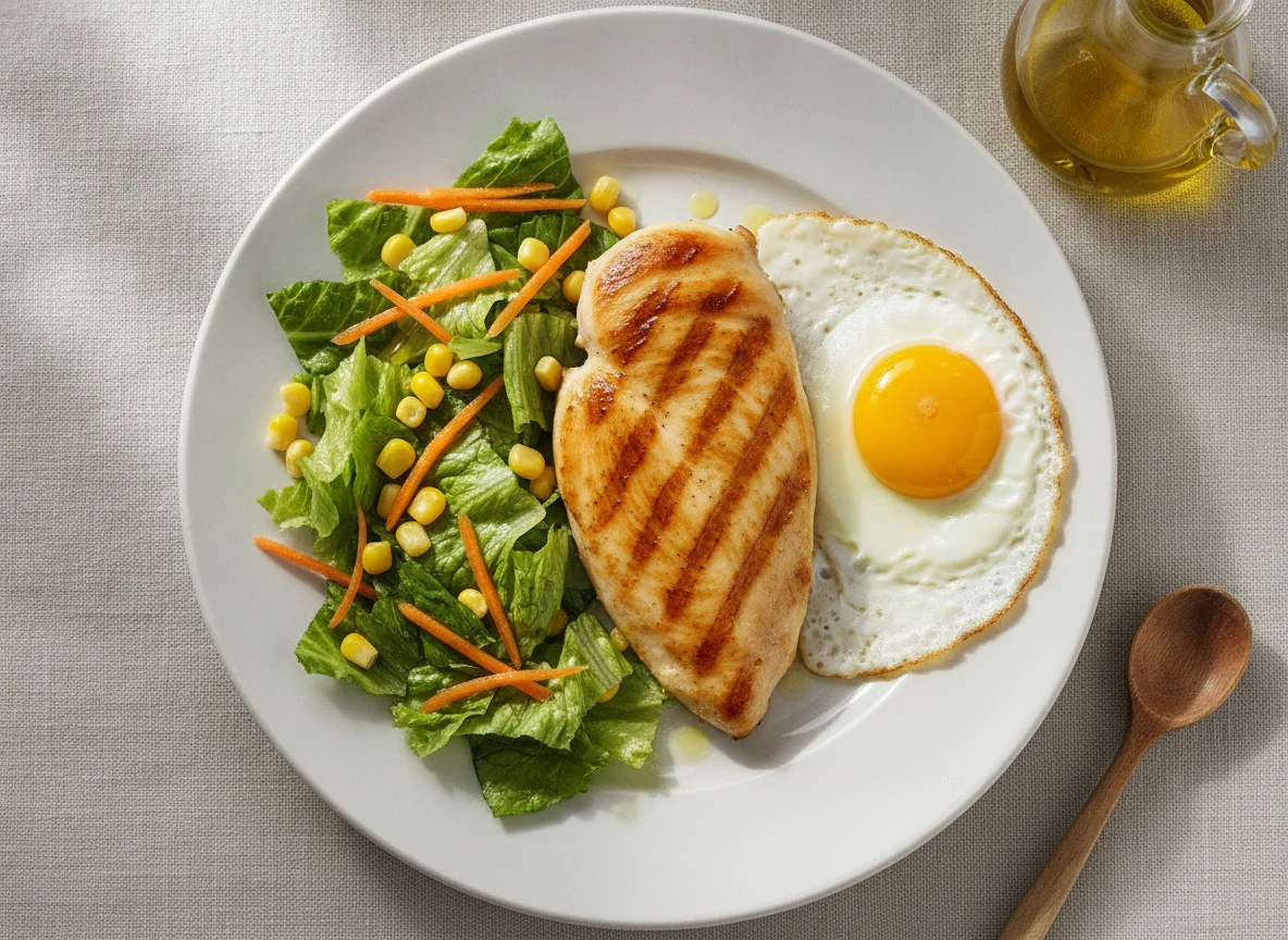 Pechuga de pollo a la plancha con ensalada y huevo frito photo