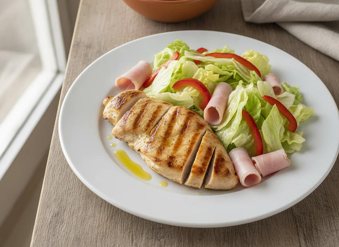 Pechuga de pollo a la plancha con ensalada y jamón cocido photo