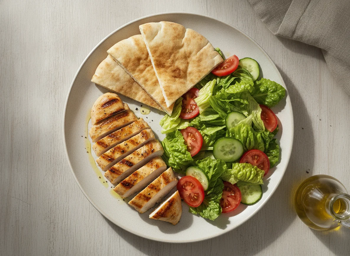 Pechuga de pollo a la plancha con ensalada y pan de pita photo
