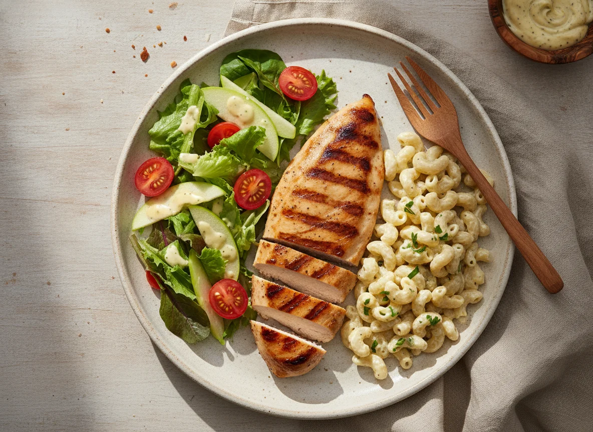 Pechuga de pollo a la plancha con ensalada y pasta photo