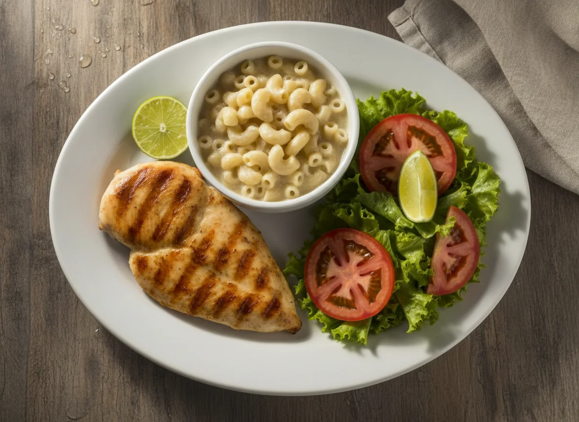 Pechuga de pollo a la plancha con ensalada y sopa de coditos photo