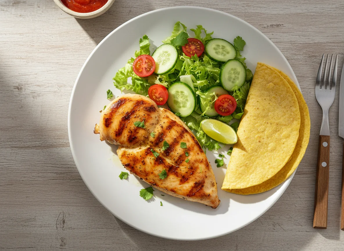 Pechuga de pollo a la plancha con ensalada y tortilla photo