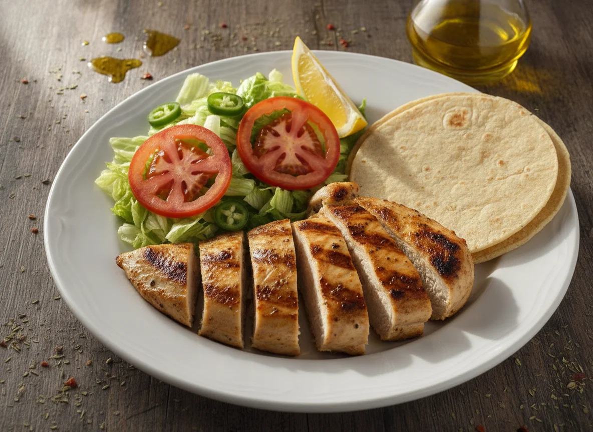 Pechuga de pollo a la plancha con ensalada y tortillas photo