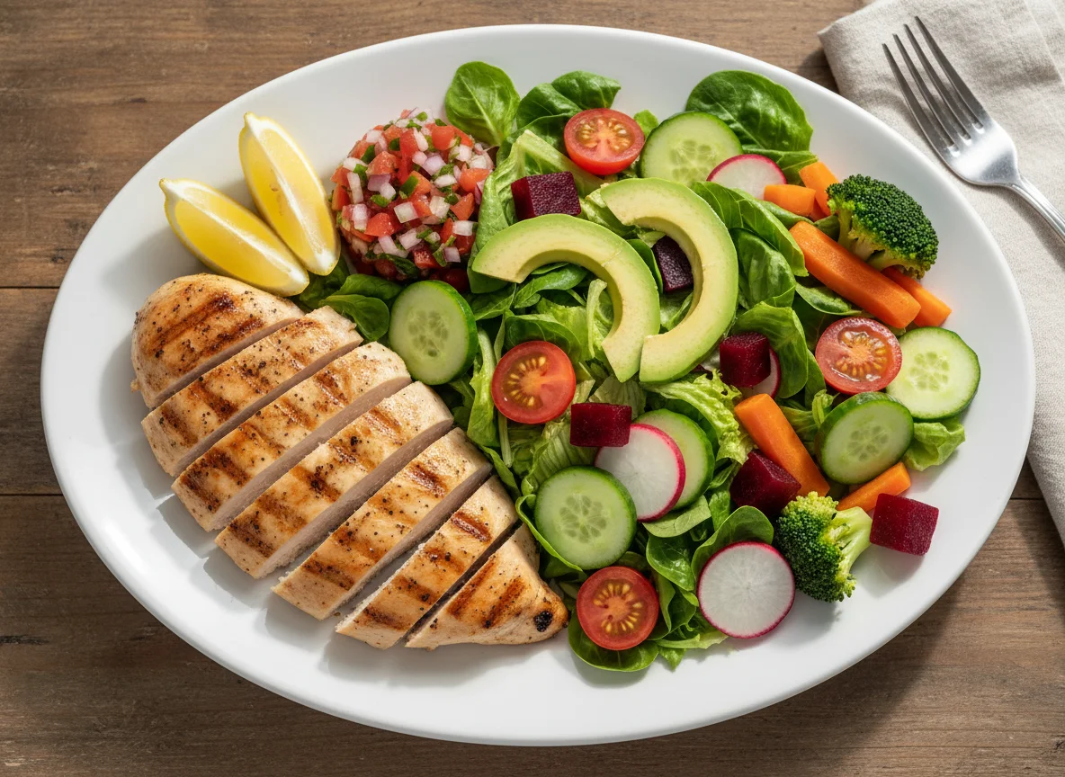 Pechuga de pollo a la plancha con ensalada y vegetales photo