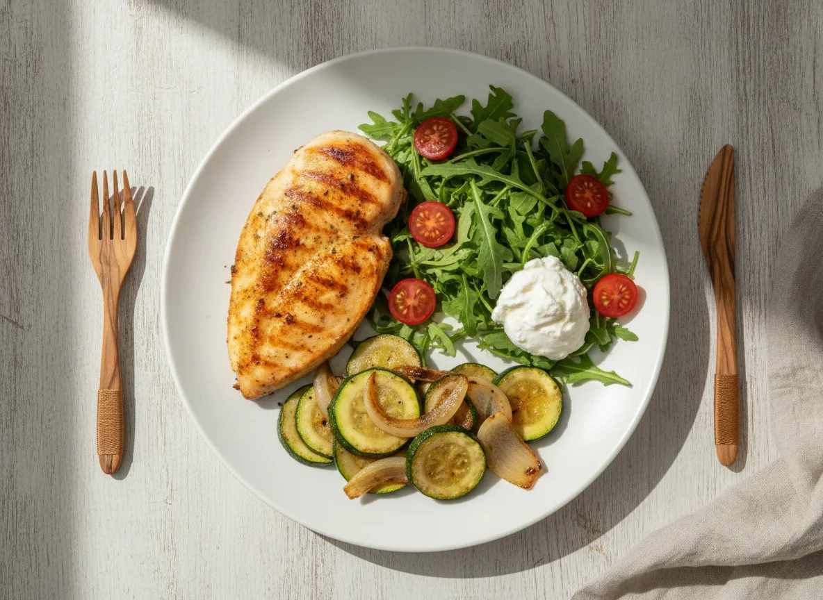 Pechuga de pollo a la plancha con ensalada y vegetales salteados photo
