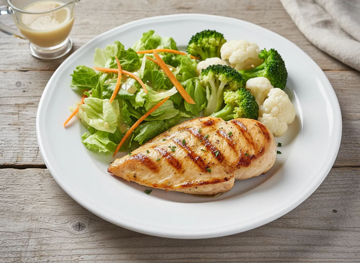 Pechuga de pollo a la plancha con ensalada y vegetales al vapor photo