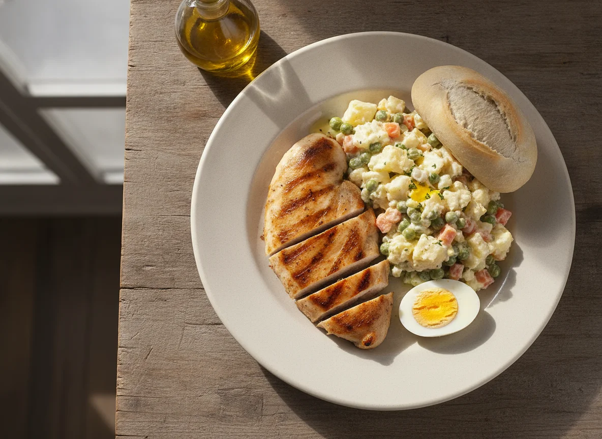 Pechuga de pollo a la plancha con ensaladilla de verduras, huevo cocido y pan photo
