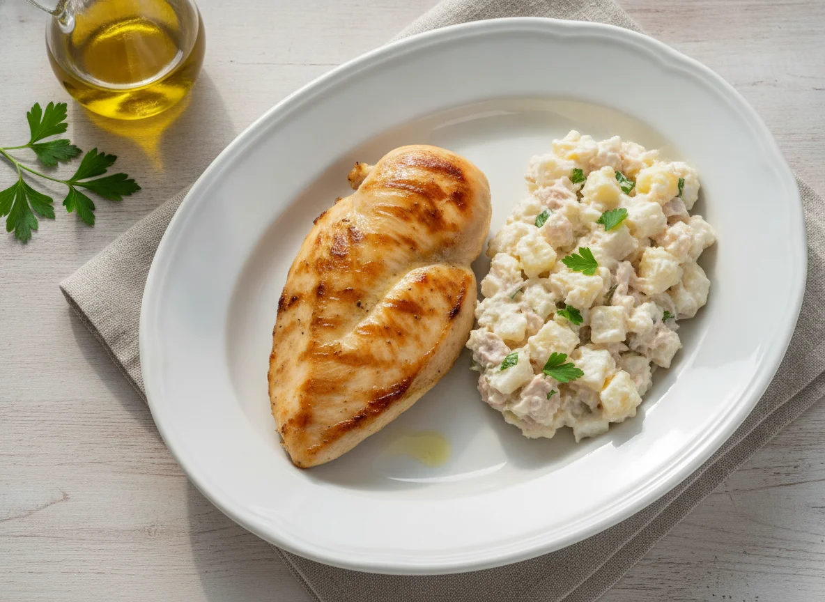 Pechuga de pollo a la plancha con ensaladilla rusa photo