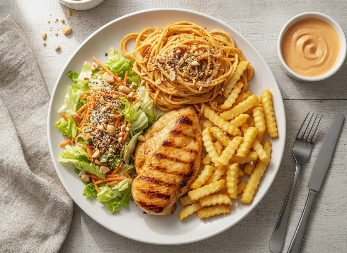 Pechuga de pollo a la plancha con espagueti, ensalada y papas fritas photo