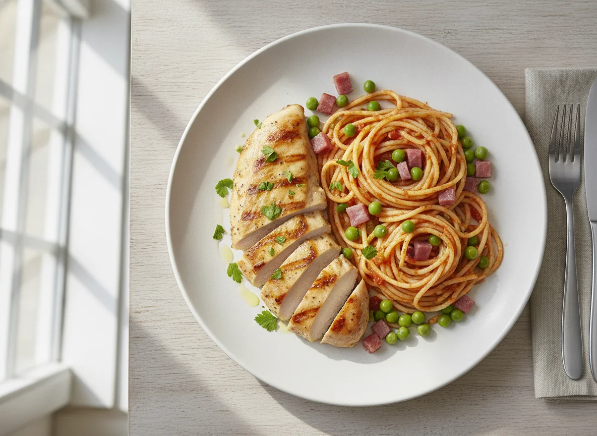 Pechuga de pollo a la plancha con espaguetis con tomate y guisantes con jamón photo