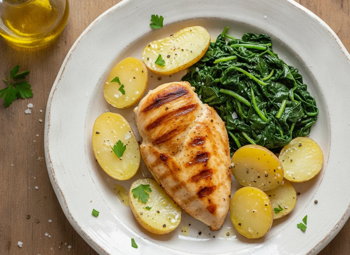 Pechuga de pollo a la plancha con espinacas y patatas cocidas photo