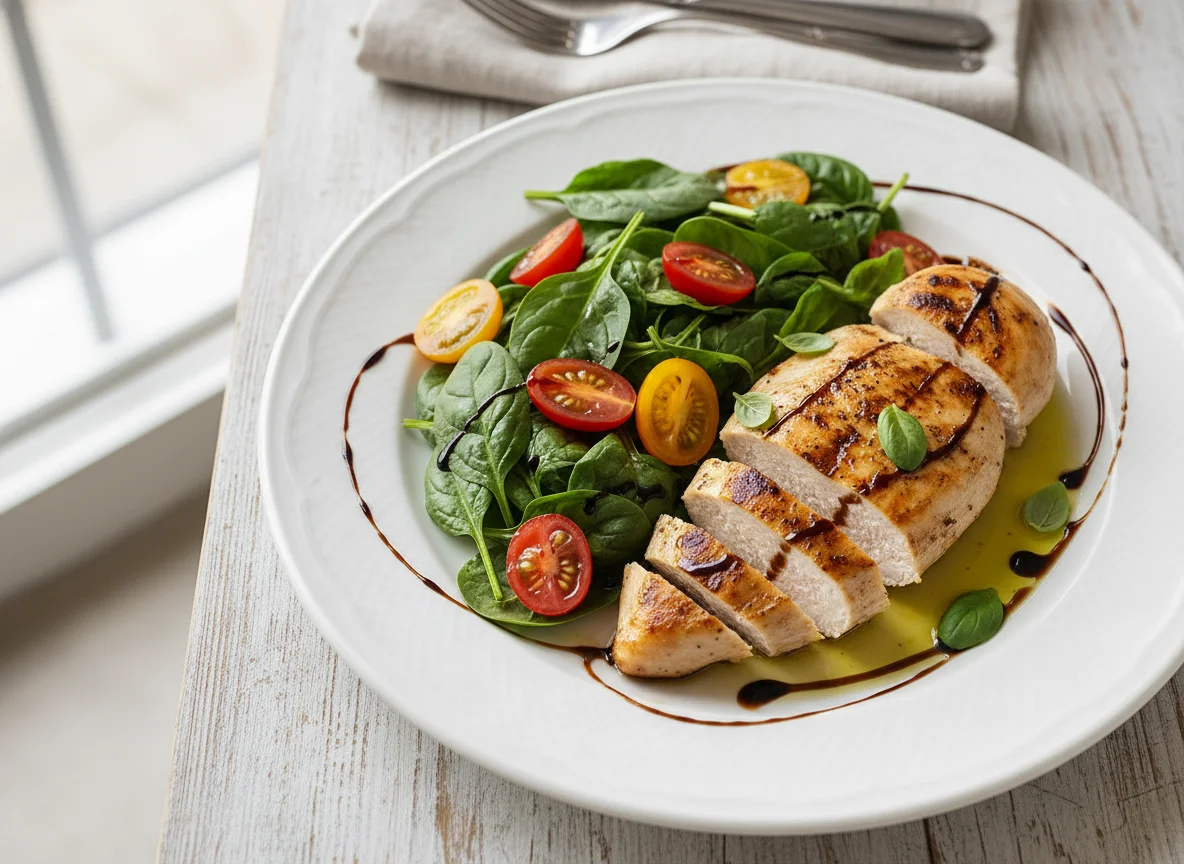 Pechuga de pollo a la plancha con espinacas y tomates cherry photo
