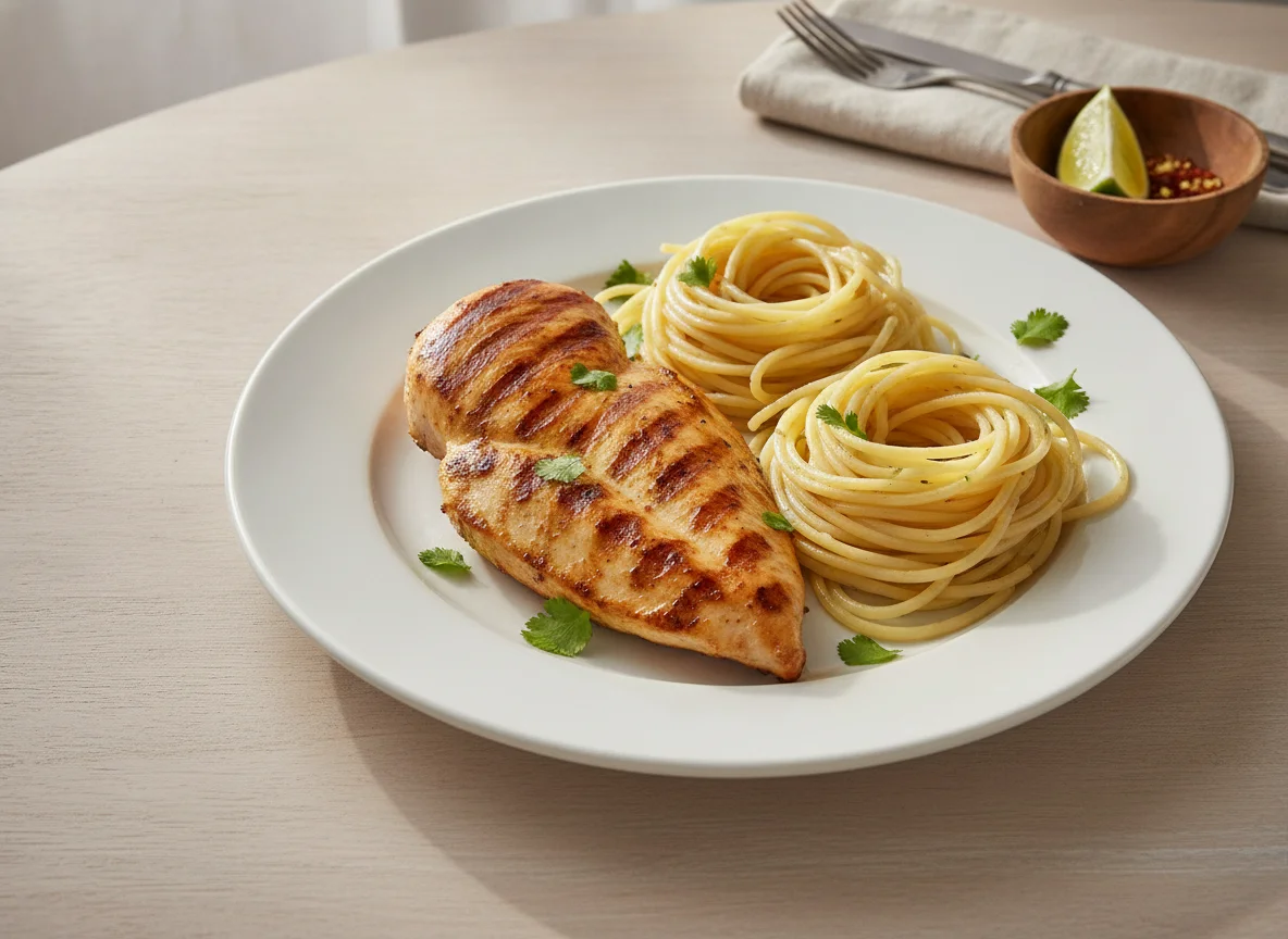 Pechuga de pollo a la plancha con fideos photo