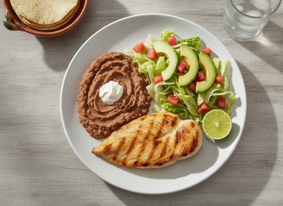 Pechuga de pollo a la plancha con frijoles y ensalada photo