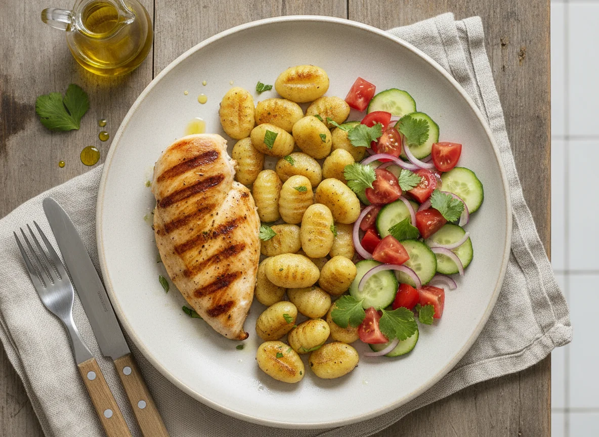 Pechuga de pollo a la plancha con gnocchi y ensalada de tomate y pepino photo