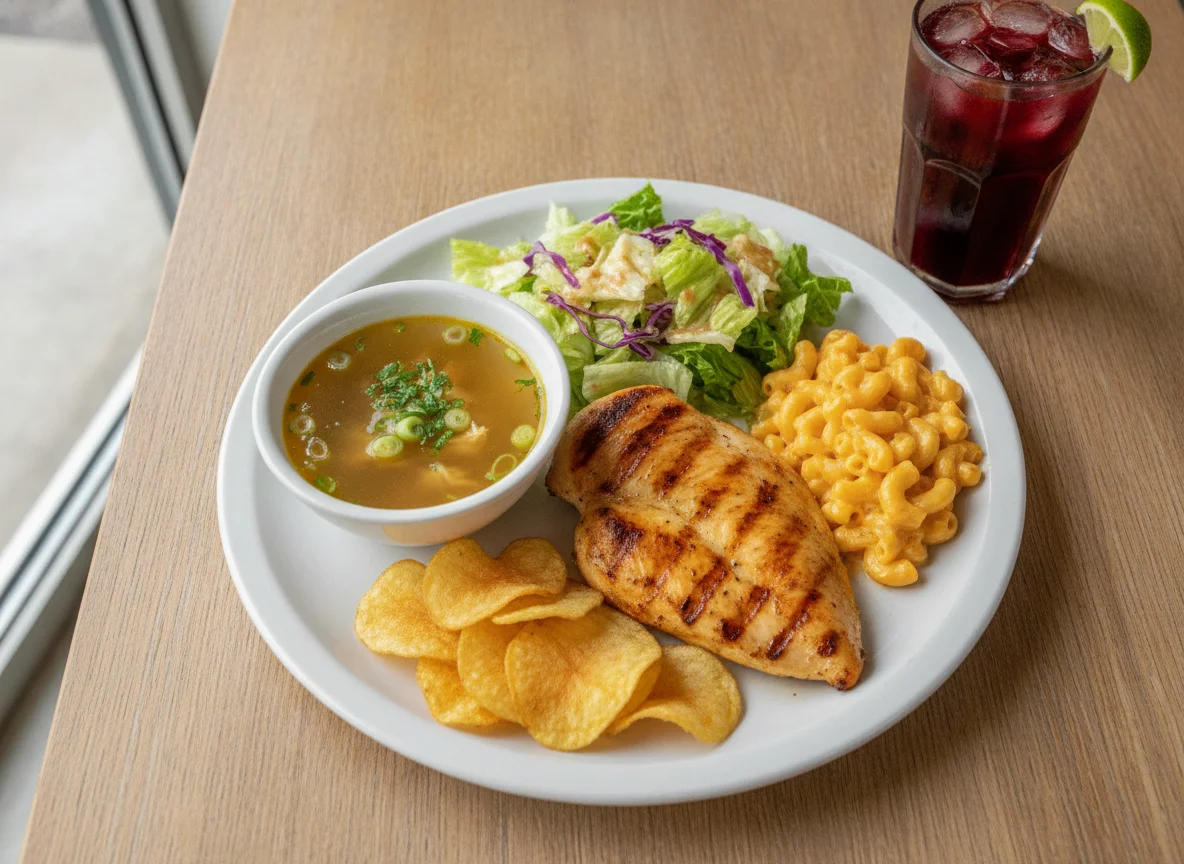 Pechuga de pollo a la plancha con guarniciones y sopa photo