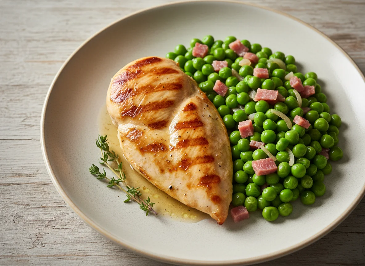 Pechuga de pollo a la plancha con guisantes estofados photo