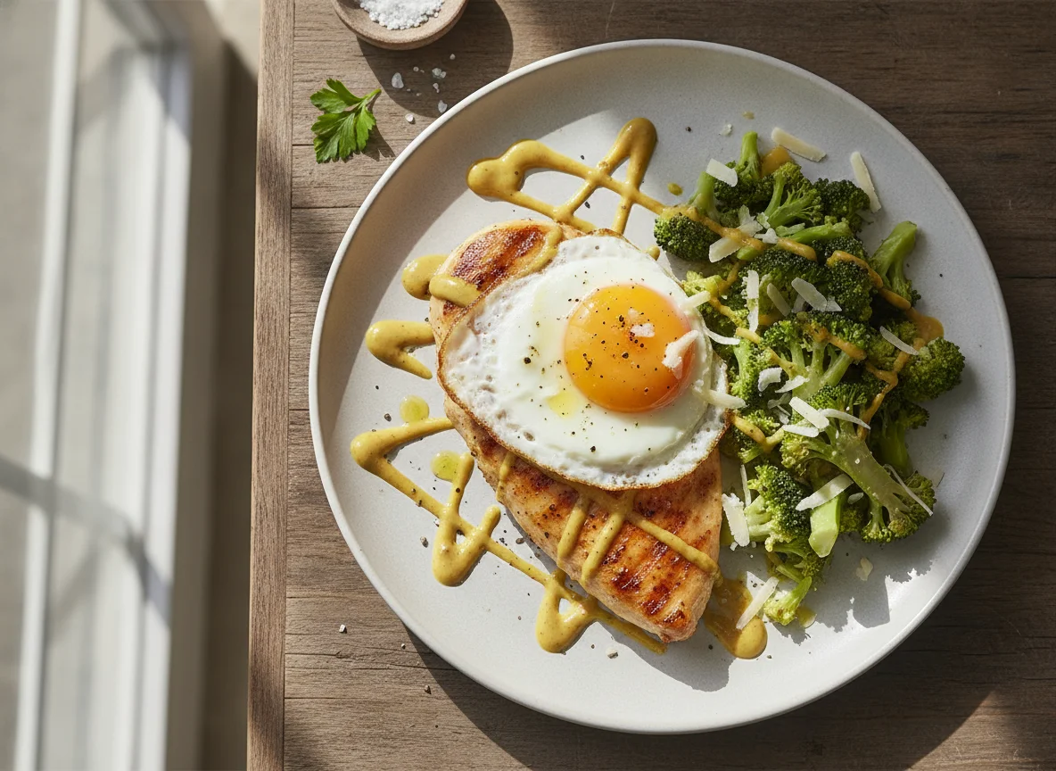 Pechuga de pollo a la plancha con huevo, brócoli y queso photo