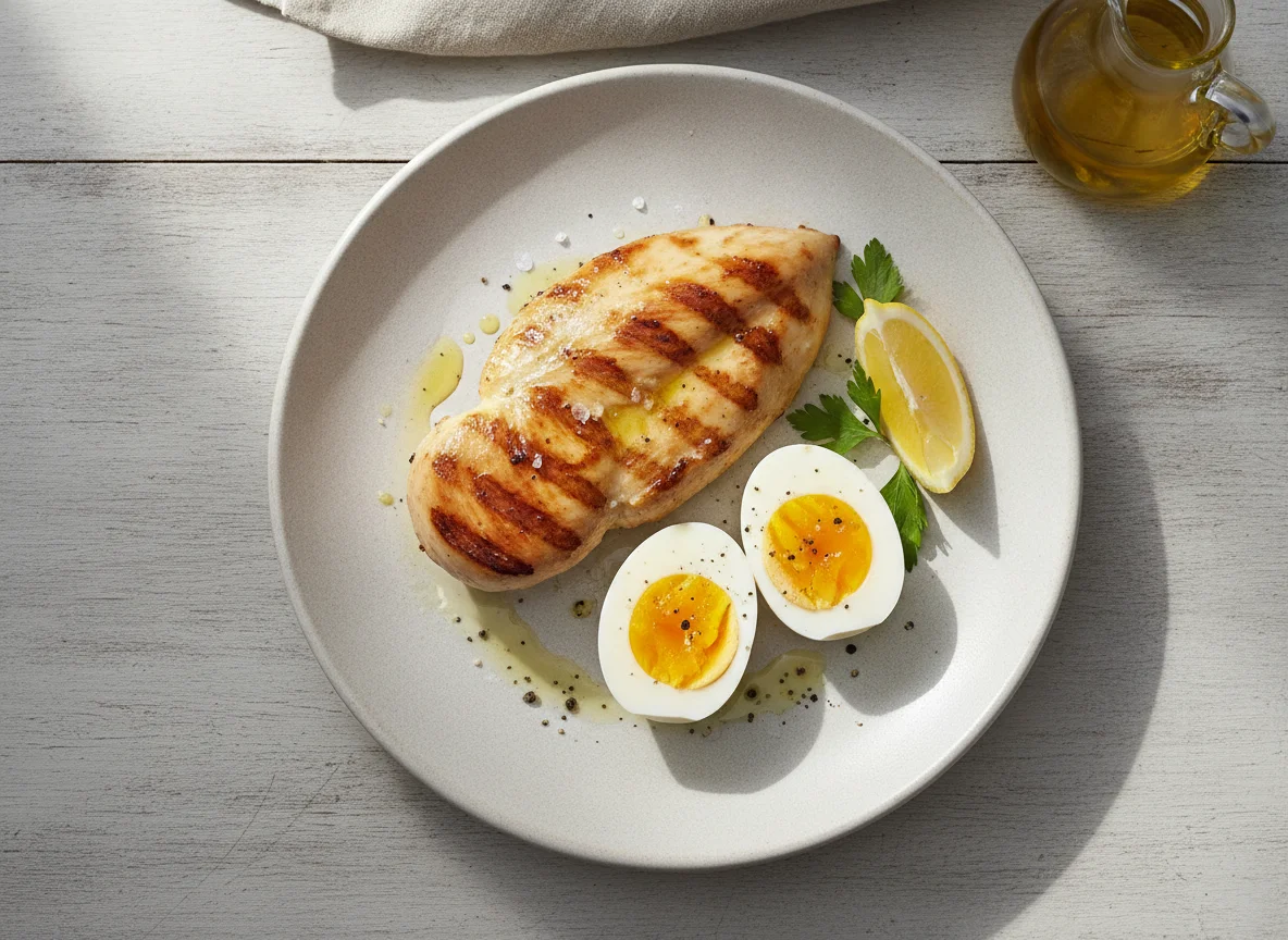 Pechuga de pollo a la plancha con huevo cocido photo