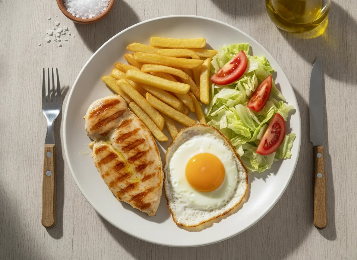 Pechuga de pollo a la plancha con huevo frito, patatas y ensalada photo