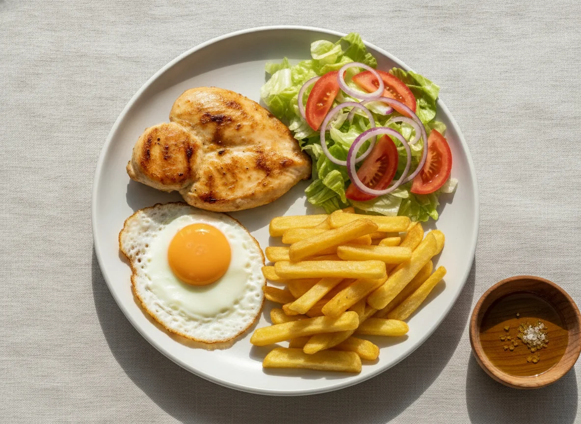 Pechuga de pollo a la plancha con huevo frito, patatas fritas y ensalada photo