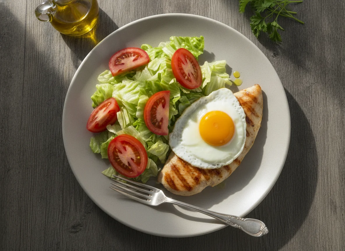 Pechuga de pollo a la plancha con huevo frito y ensalada photo