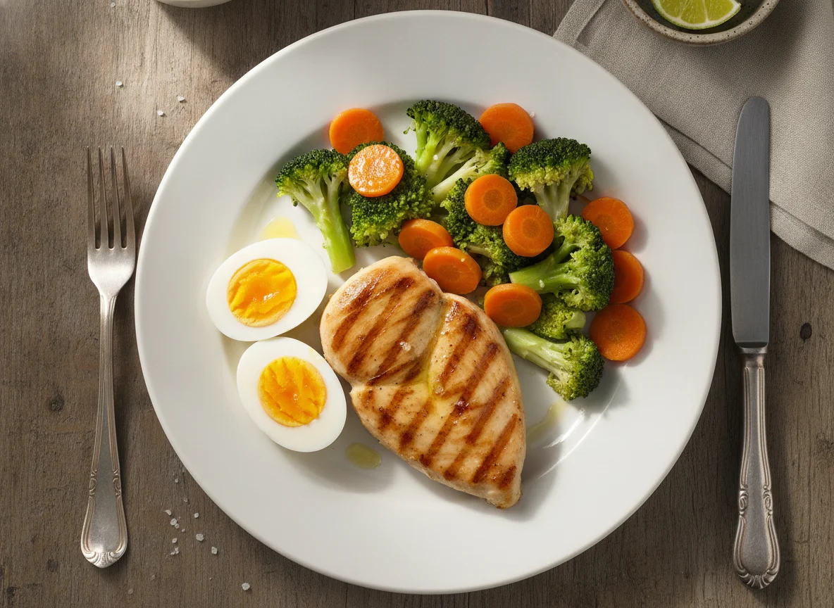 Pechuga de pollo a la plancha con huevos cocidos, brócoli y zanahorias photo