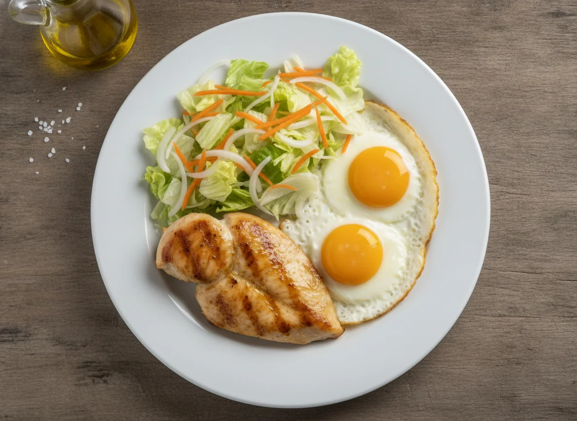 Pechuga de pollo a la plancha con huevos fritos y ensalada photo