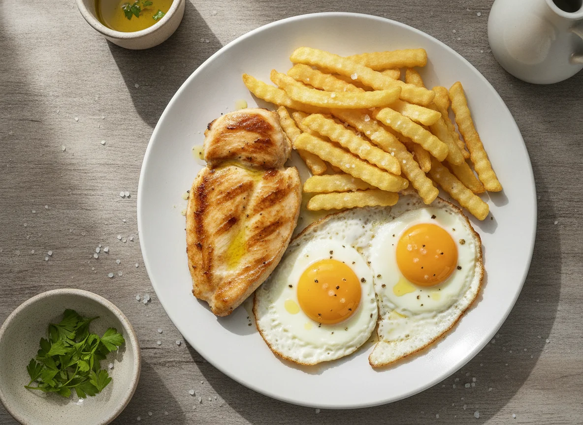 Pechuga de pollo a la plancha con huevos fritos y patatas fritas photo