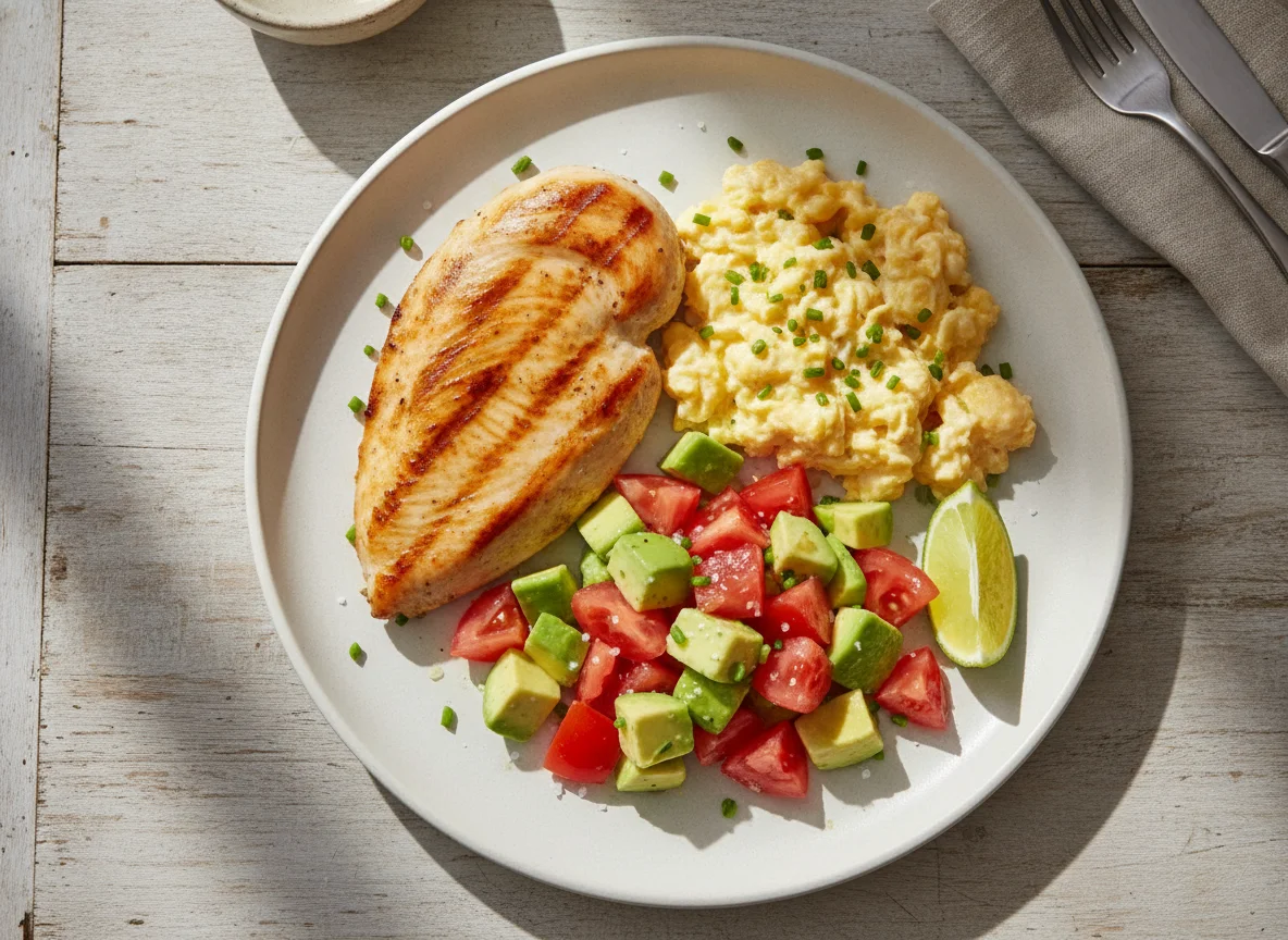 Pechuga de pollo a la plancha con huevos revueltos y ensalada de tomate y palta photo