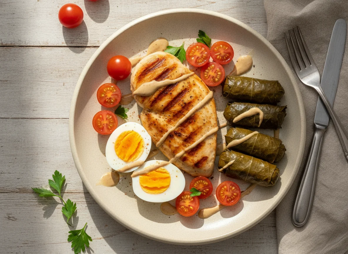 Pechuga de pollo a la plancha con huevos, tomates y hojas de parra rellenas photo