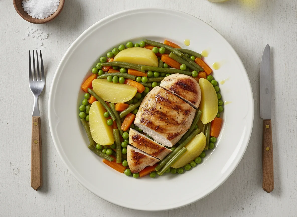 Pechuga de pollo a la plancha con menestra de verduras y patata photo