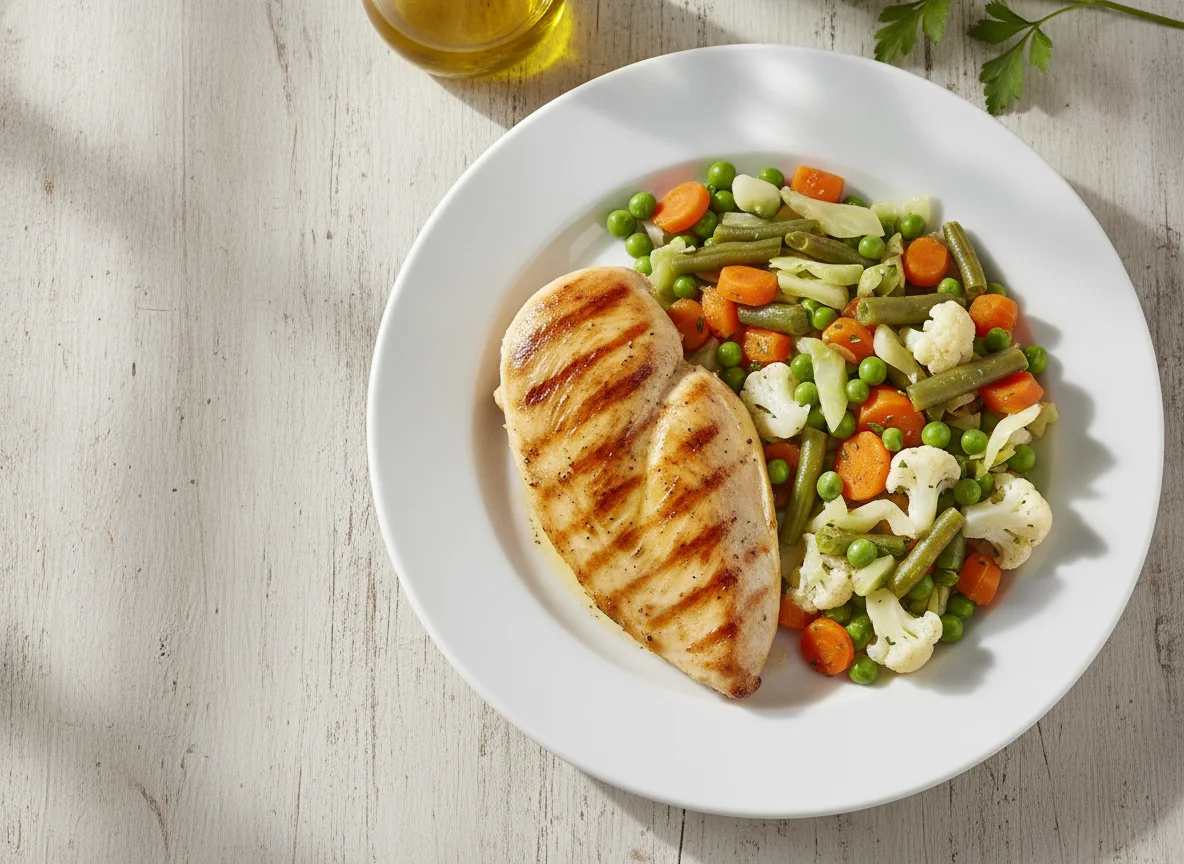 Pechuga de pollo a la plancha con menestra de verduras photo