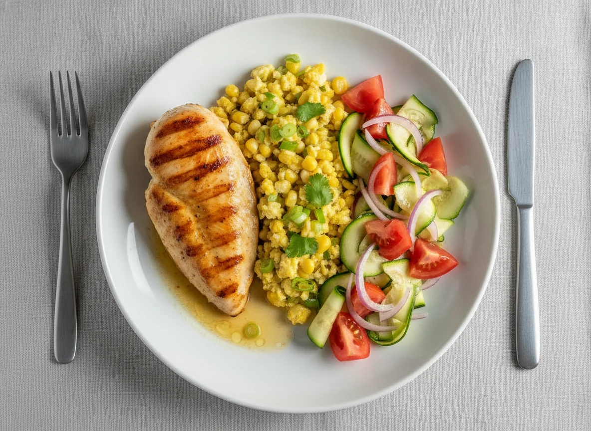 Pechuga de pollo a la plancha con mote pillo y ensalada fresca photo