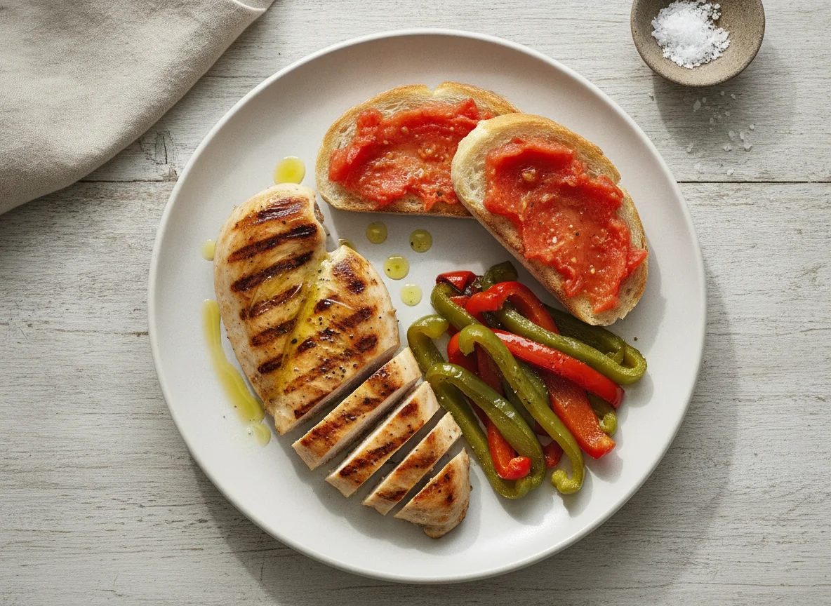 Pechuga de pollo a la plancha con pan con tomate y pimientos photo